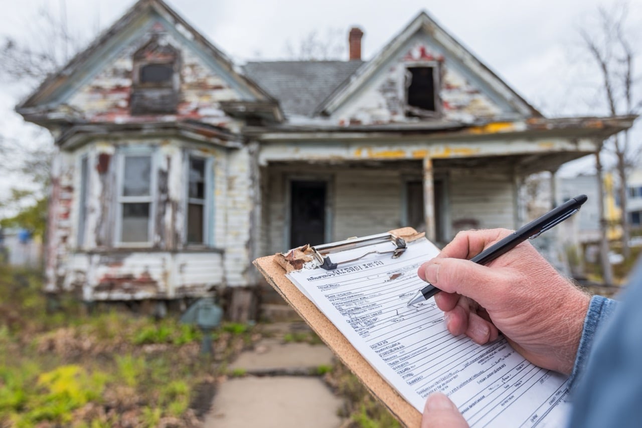 Distressed Maryland house being evaluated by real estate investor