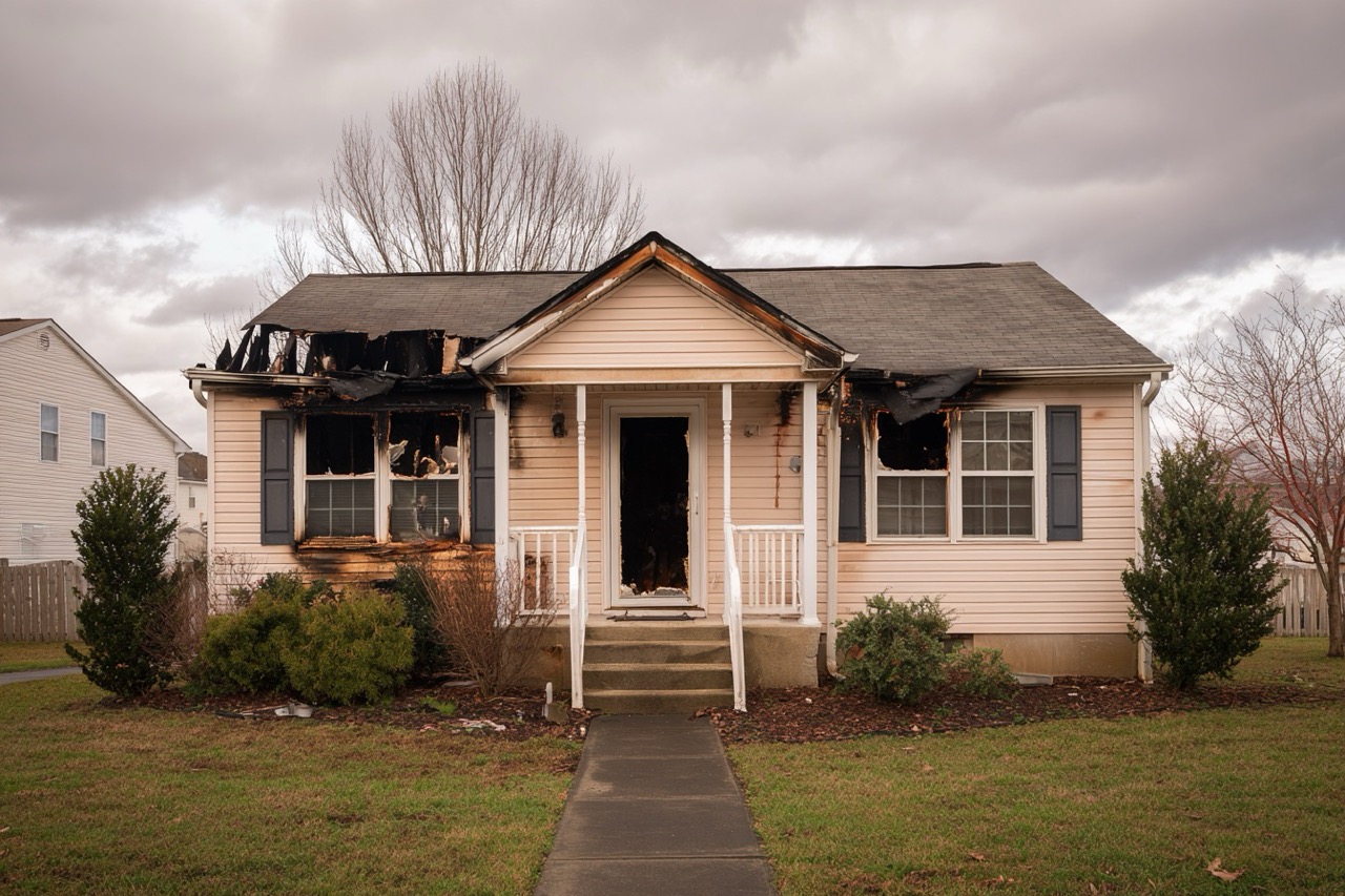 Fire damaged suburban house in Maryland showing exterior damage