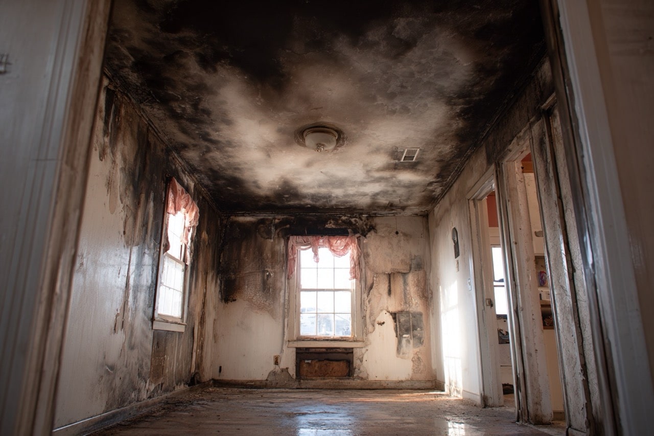 Interior of fire damaged Maryland home showing smoke and structural damage