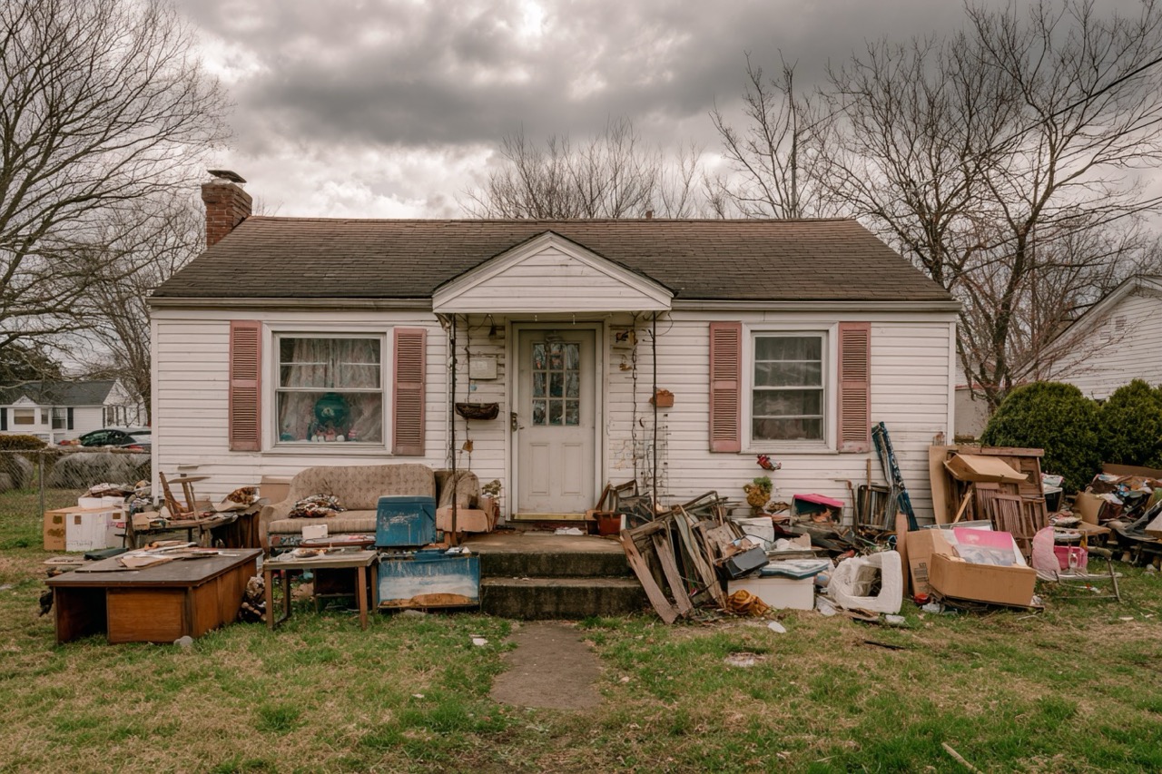 hoarder house sale Maryland cluttered property exterior