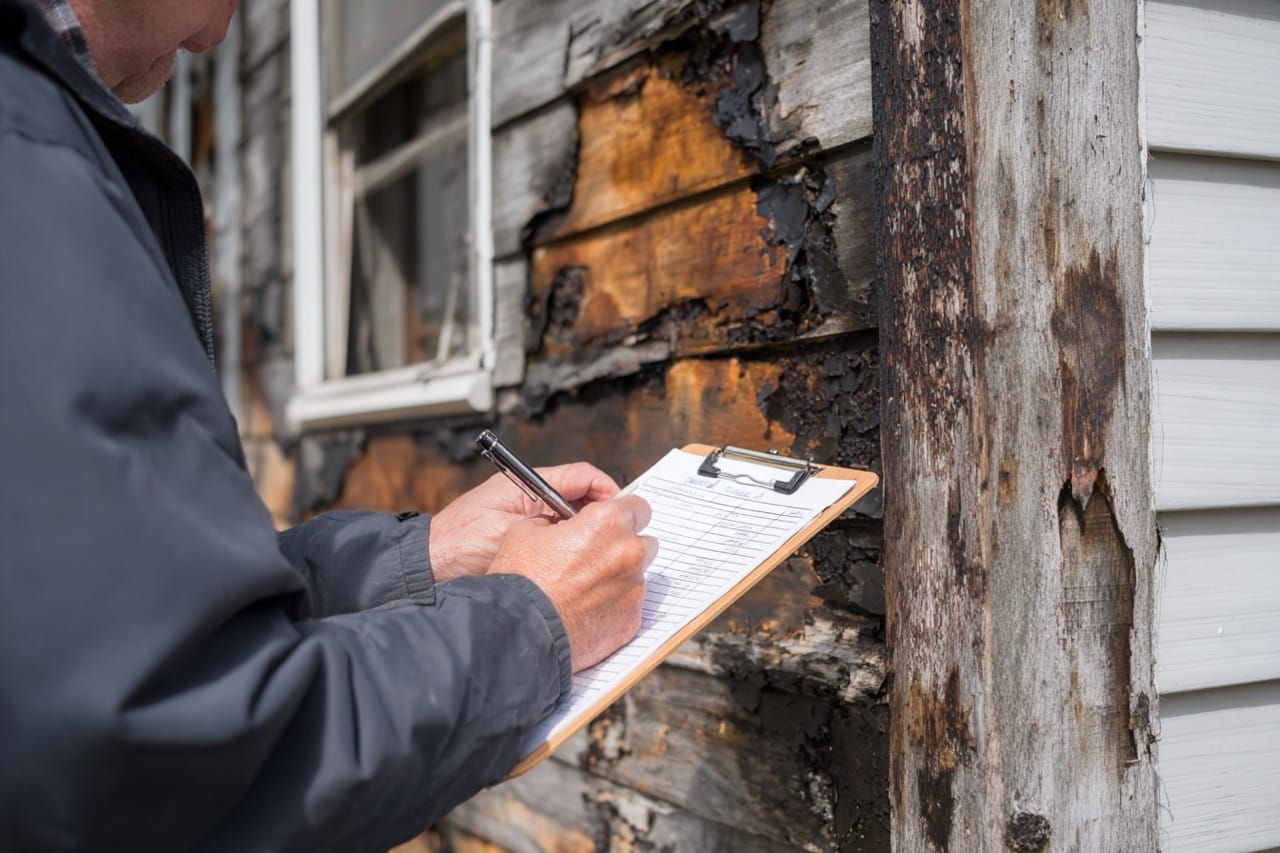 Professional assessing fire damage at Maryland residential property