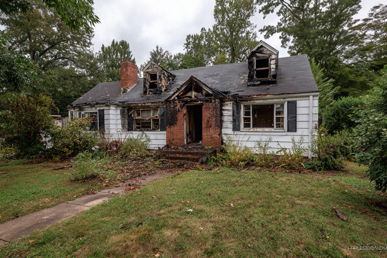Maryland home exterior showing fire and weather damage
